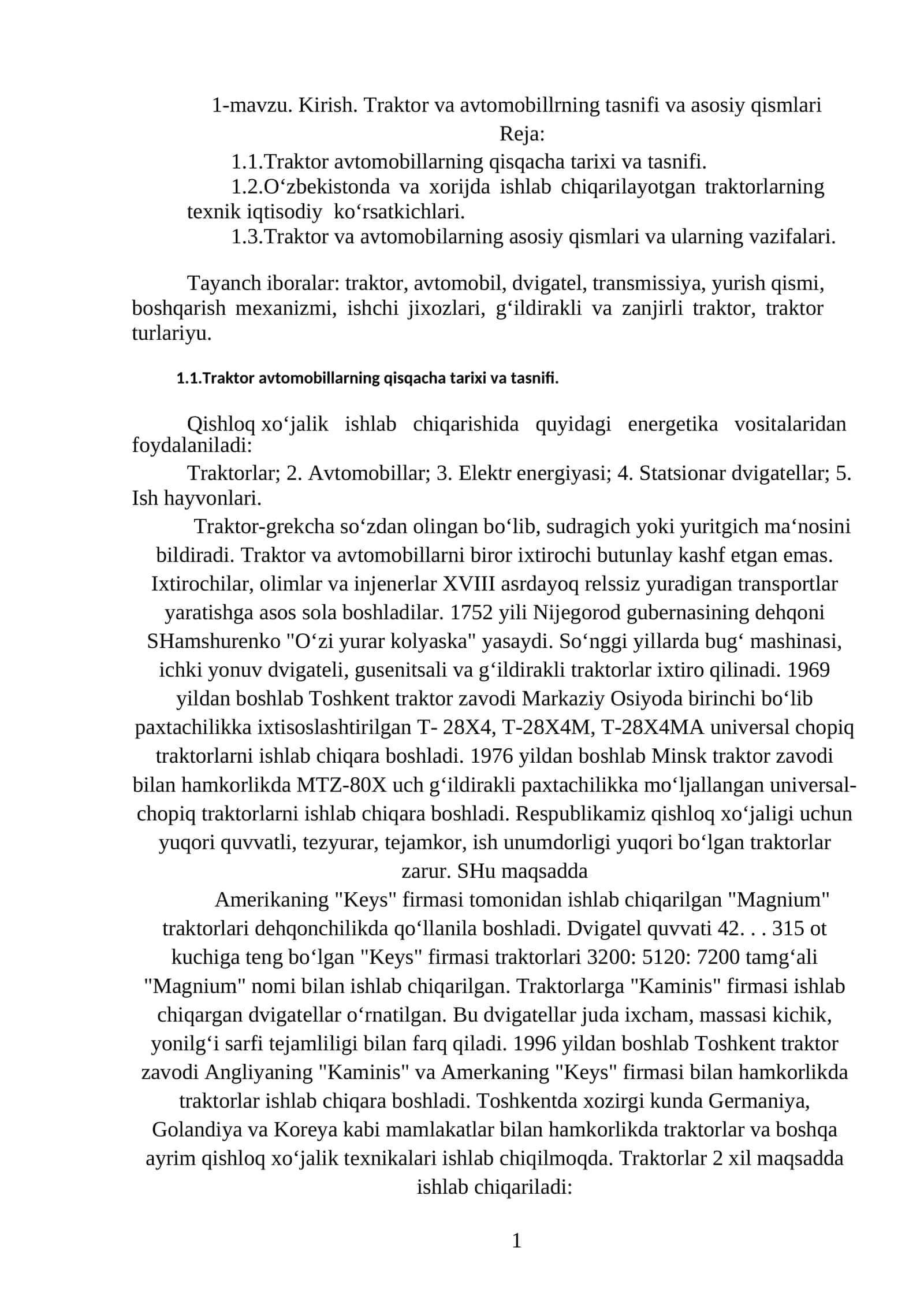 Traktor va Avtomobillarning tasnifi va asosiy qismlari