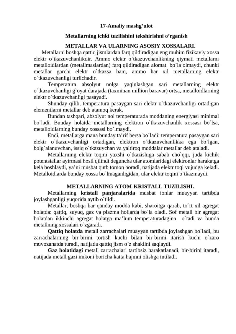 Metallarning ichki tuzilishini tekshirishni o’rganish