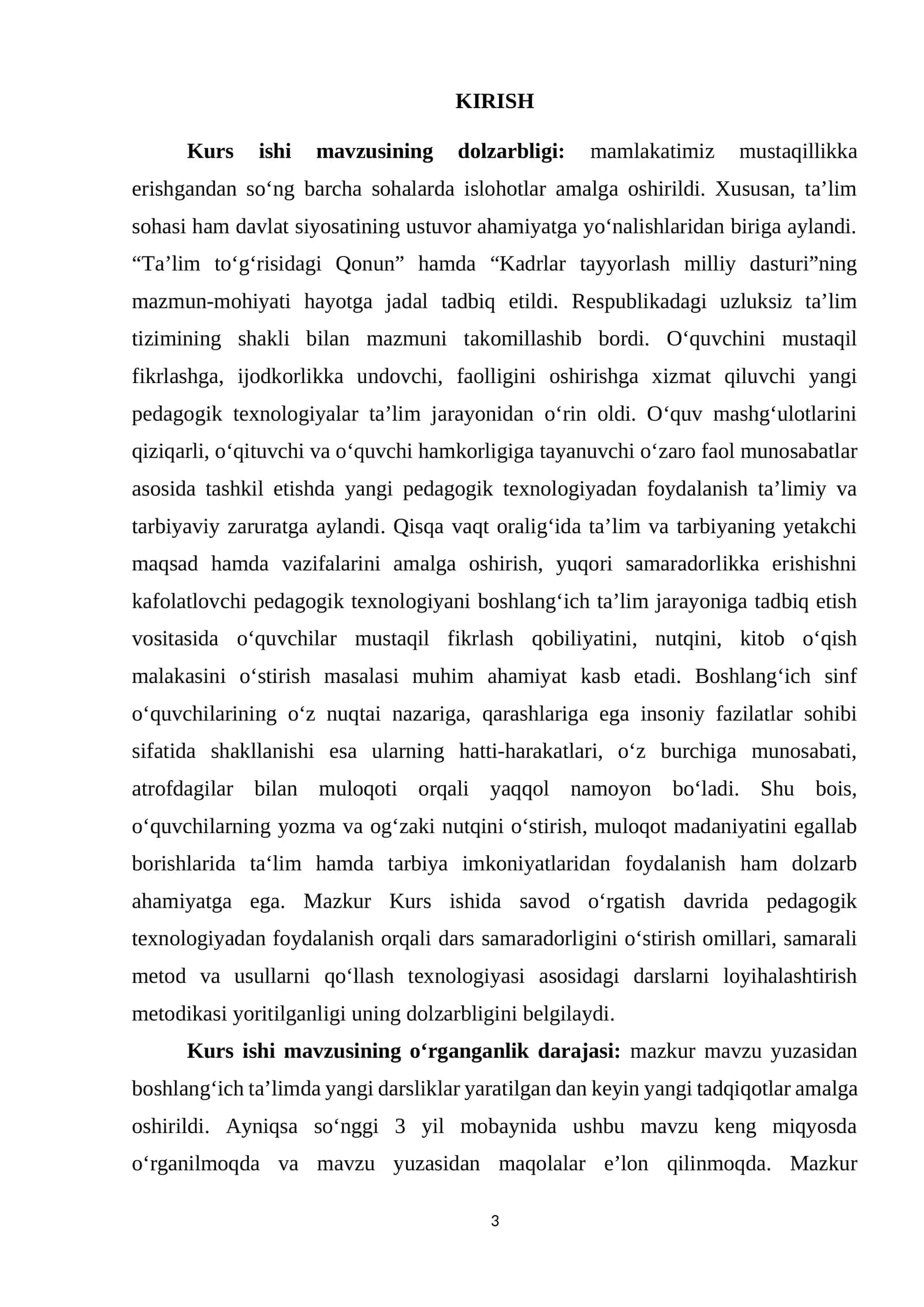 Kurs ishi mavzusi: Ta'limni rivojlantirishda pedagogik texnologiyalar
