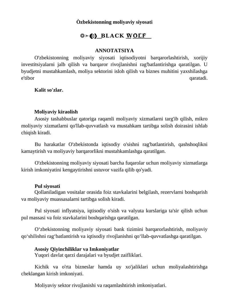 O'zbekistonning moliyaviy siyosati