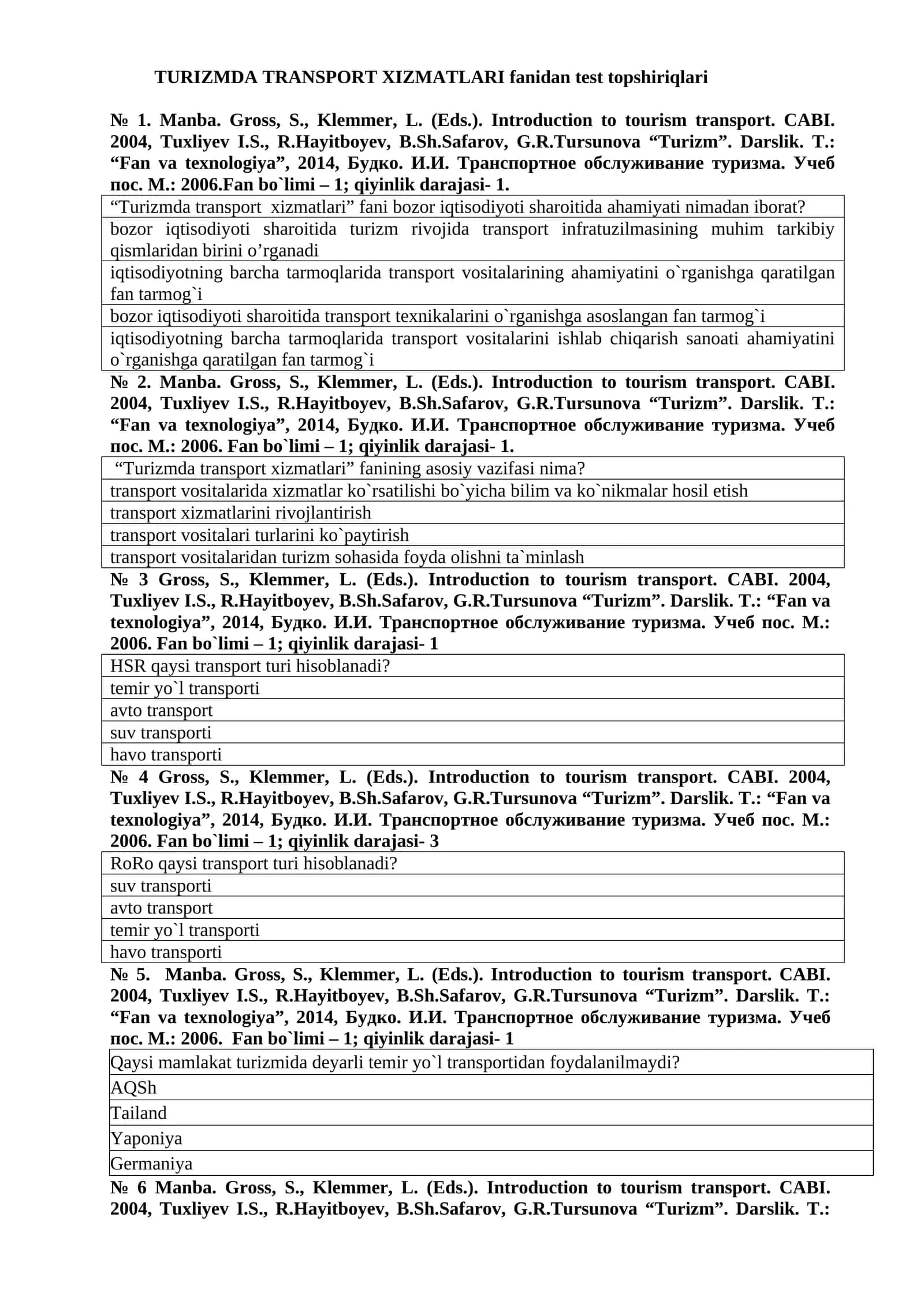 Turizmda TRANSPORT XIZMATLARI fanidan test topshiriqlari