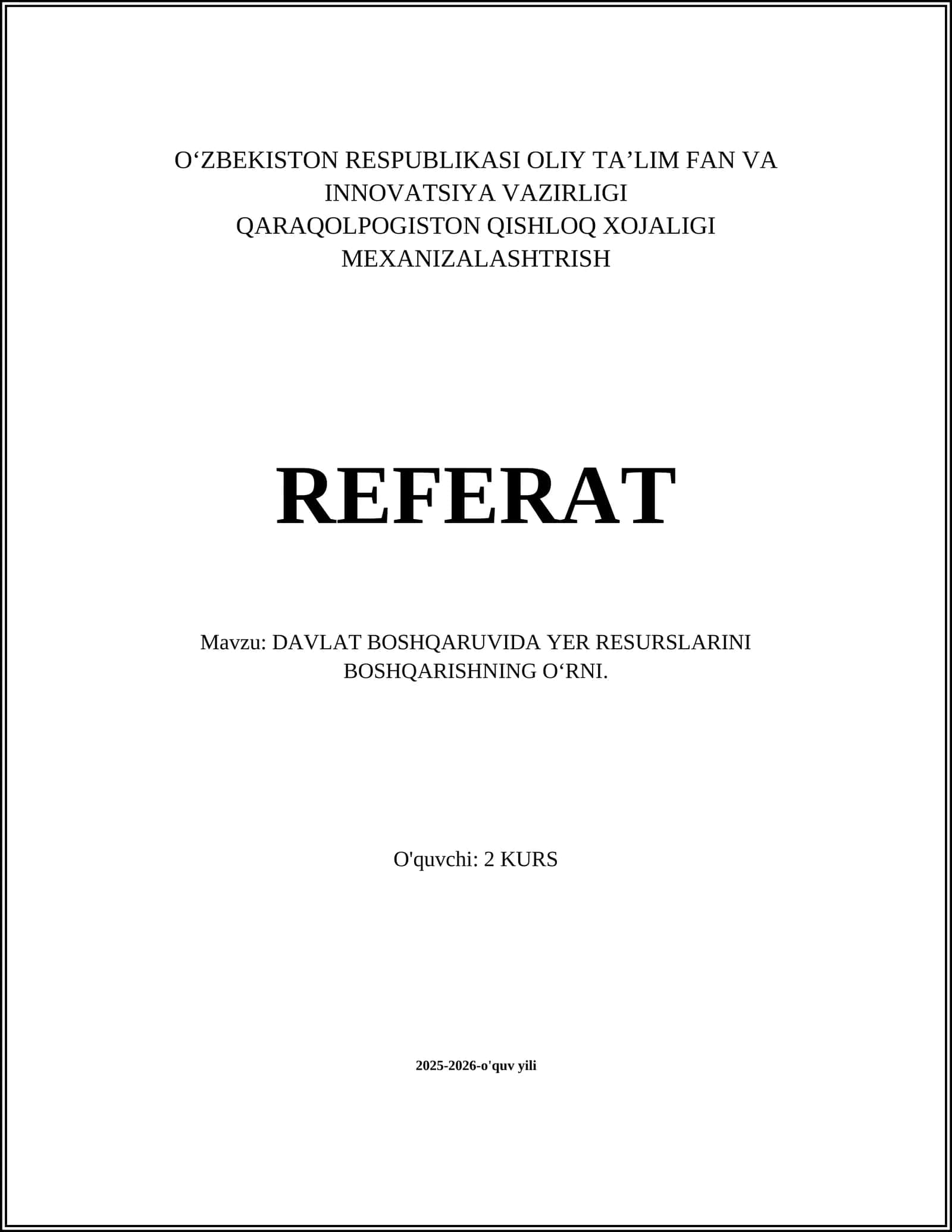 DAVLAT BOSHQARUVIDA YER RESURSLARINI BOSHQARISHNING O‘RNI