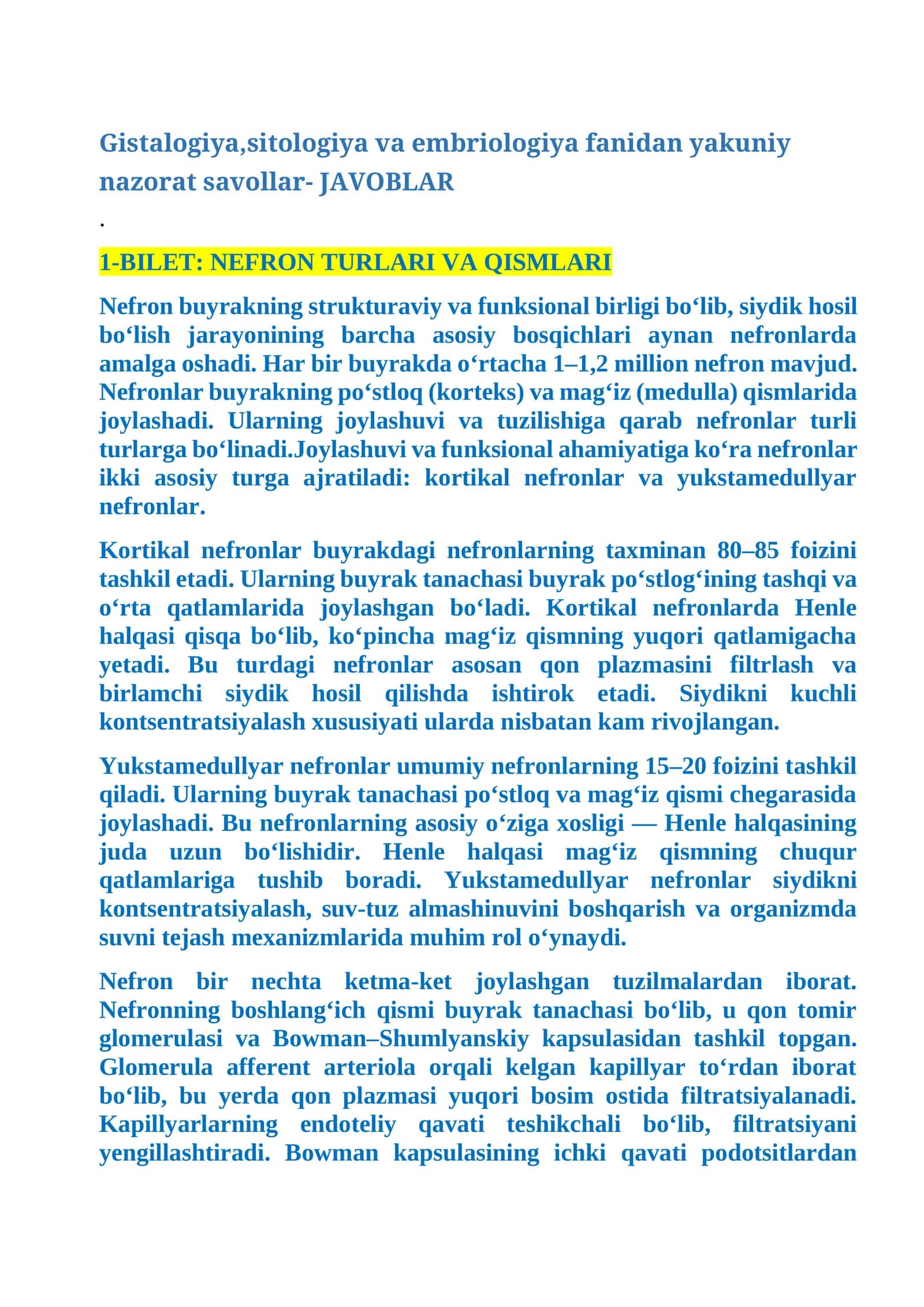 Nefron Turlari Va Qismlari