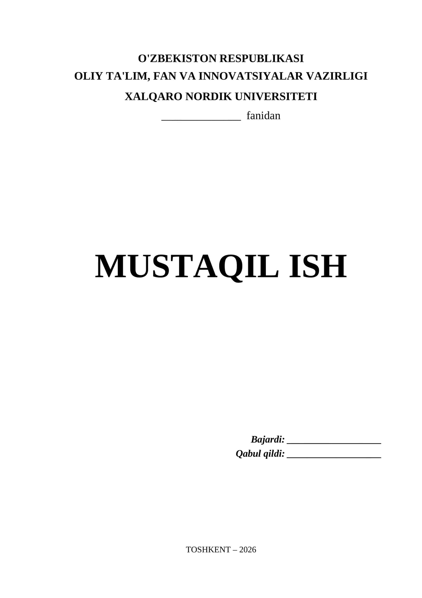 Xalqaro Nordik Universiteti Mustaqil Ish Titul Varaq (.docx)