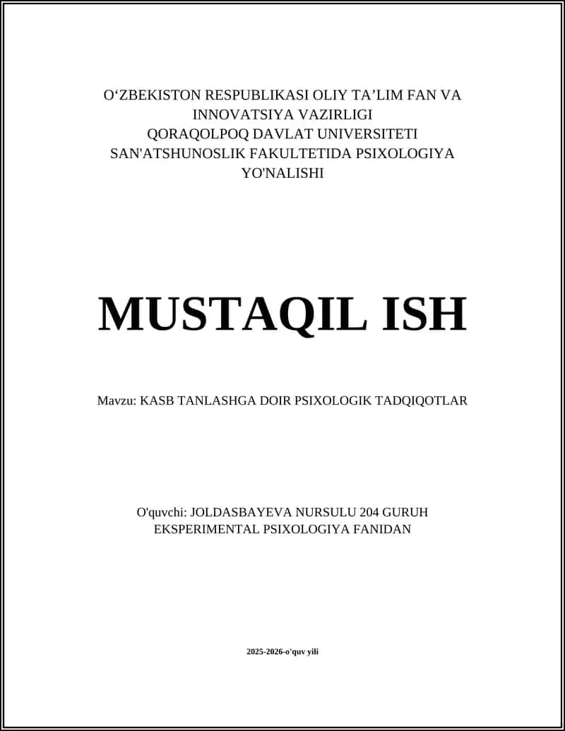 KASB TANLASHGA DOIR PSIXOLOGIK TADQIQOTLAR