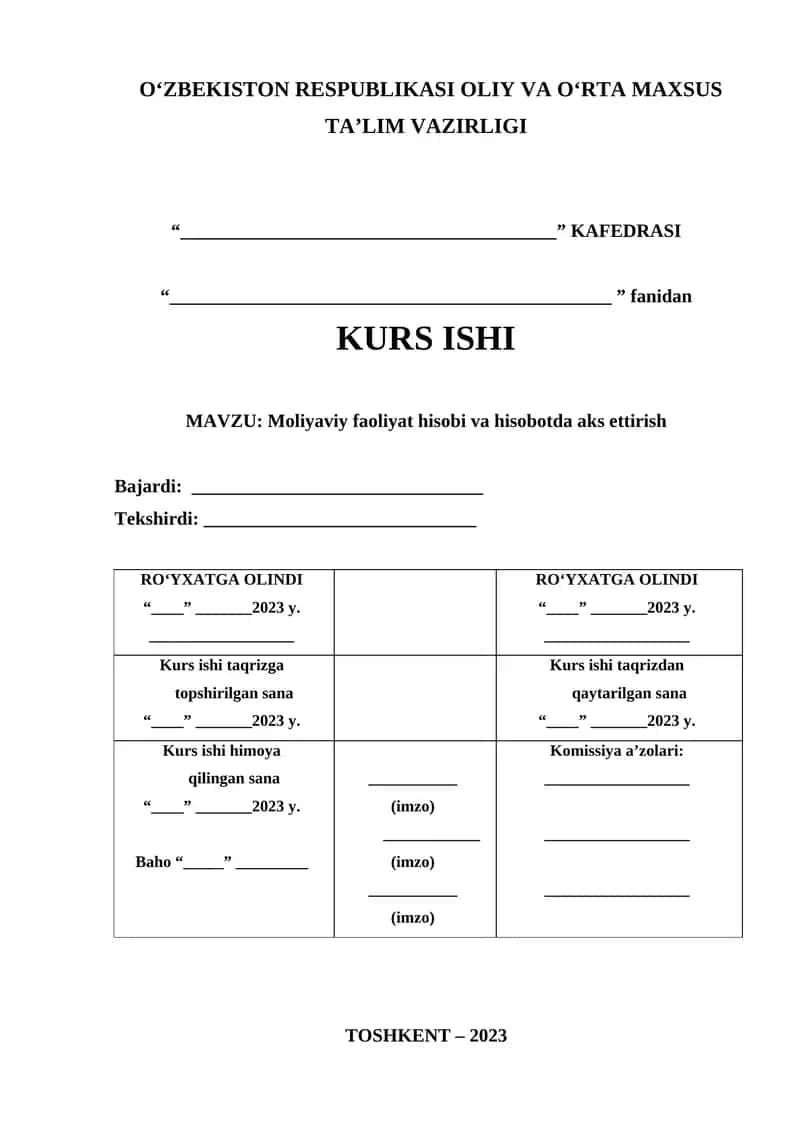 Moliyaviy faoliyat hisobi va hisobotda aks ettirish