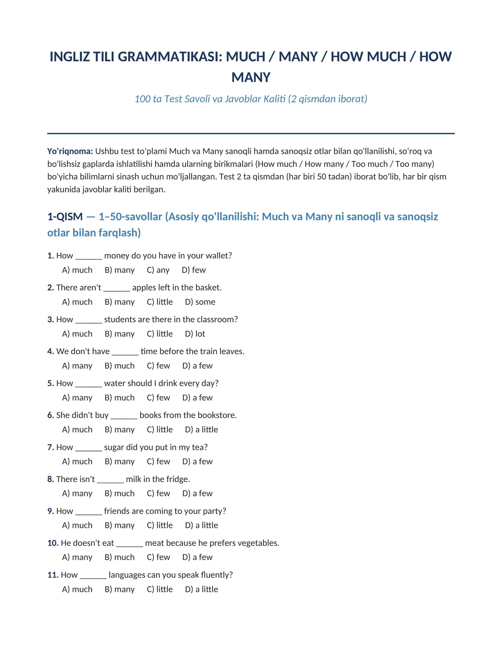 INGLIZ TILI GRAMMATIKASI: MUCH / MANY / HOW MUCH / HOW MANY mavzusi bo'yicha 100 talik test javoblari bilan