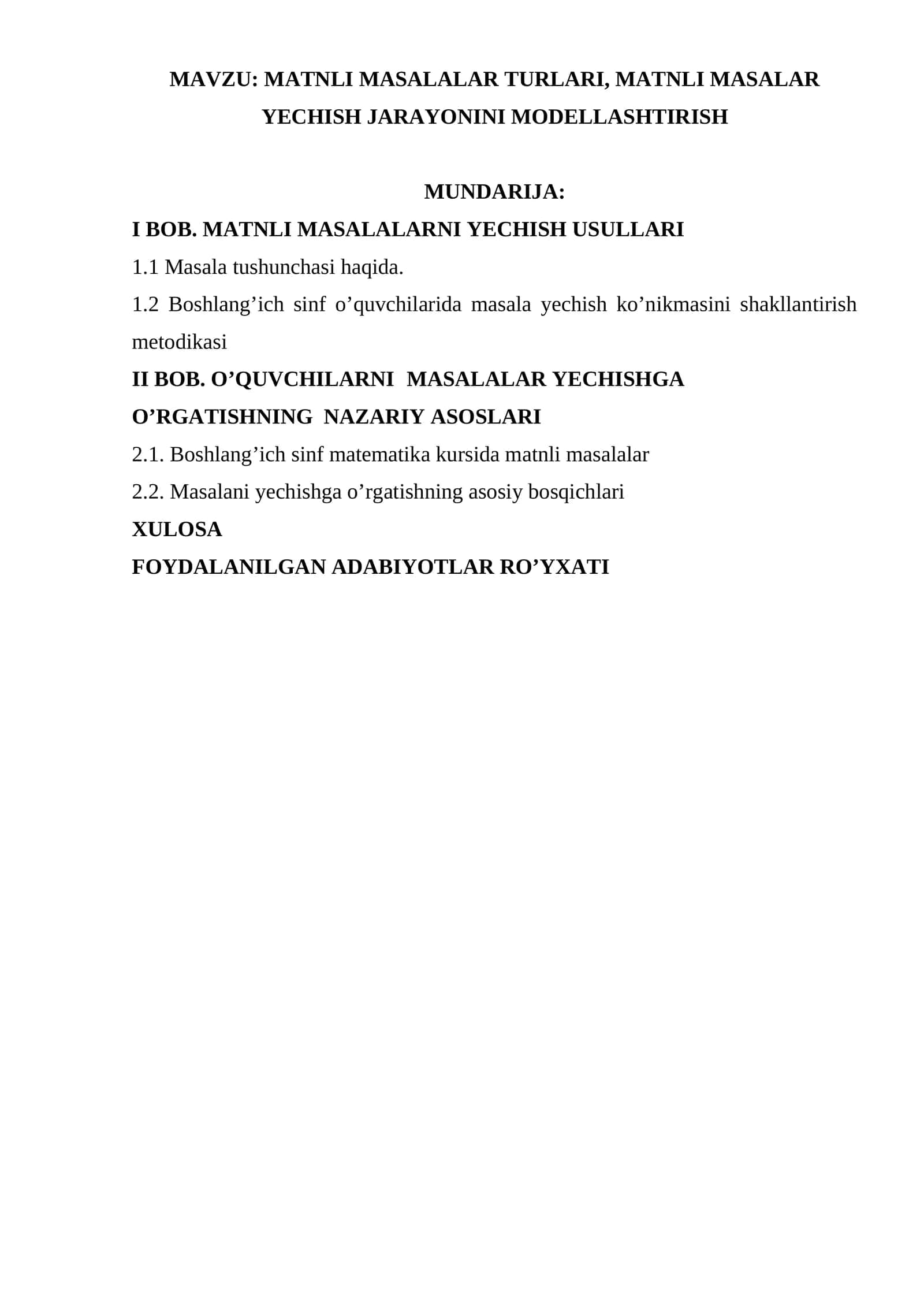 Matnli masalalar turlari, matnli masalar yechish jarayonini modellashtirish