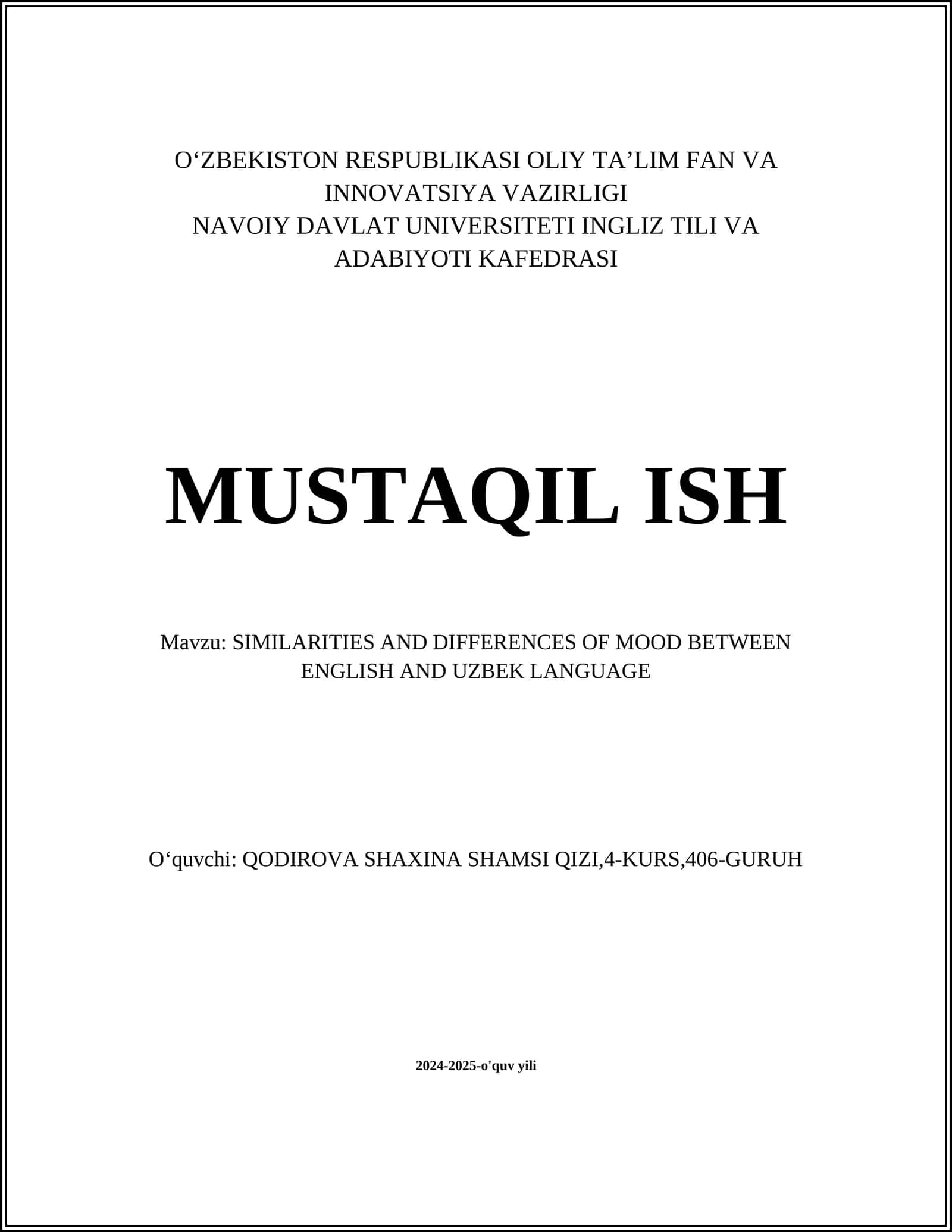SIMILARITIES AND DIFFERENCES OF MOOD BETWEEN ENGLISH AND UZBEK LANGUAGE