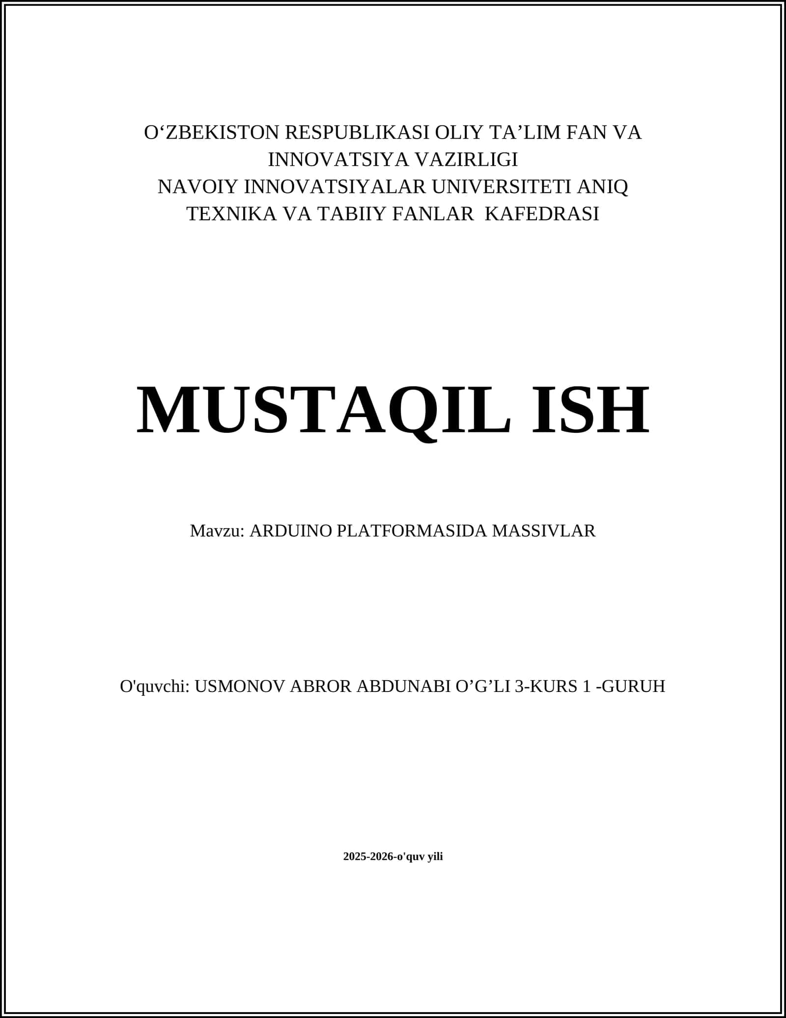 ARDUINO PLATFORMASIDA MASSIVLAR