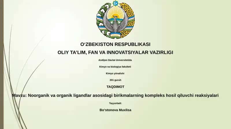 Noorganik va organik ligandlar asosidagi birikmalarning kompleks hosil qiluvchi reaksiyalari