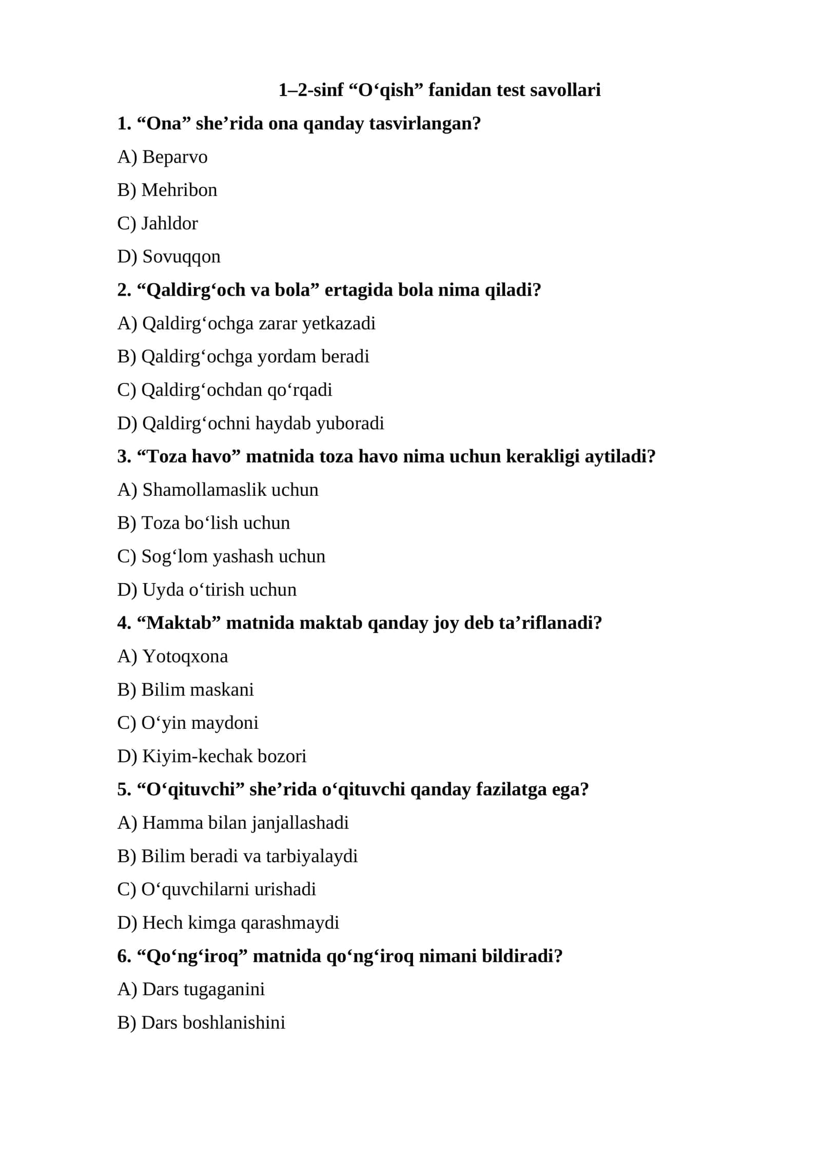 1–2-sinf “O‘qish” fanidan test savollari