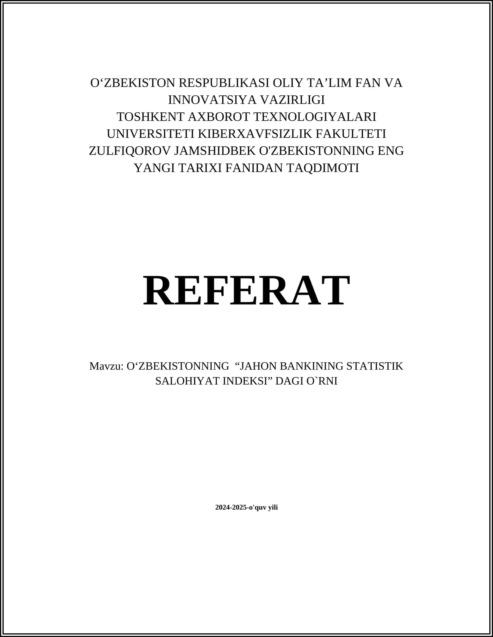 O‘ZBEKISTONNING “JAHON BANKINING STATISTIK SALOHIYAT INDEKSI” DAGI O`RNI