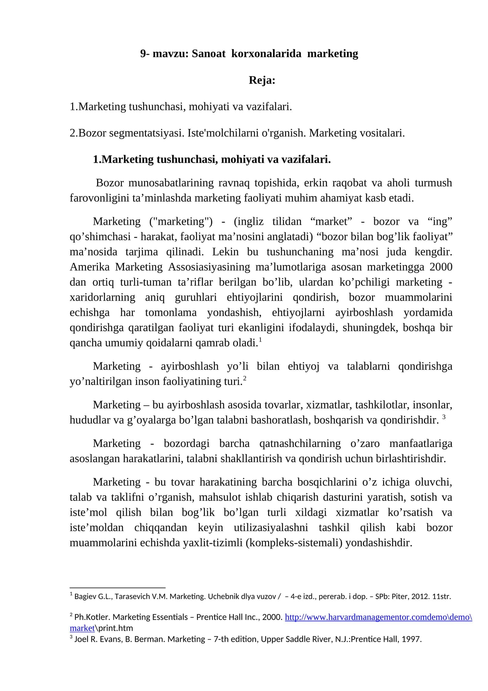 Sanoat korxonalarida marketing