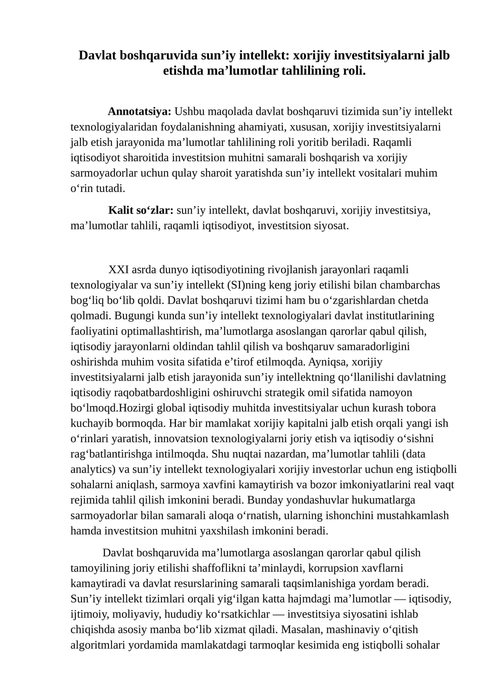 Sun’iy intellekt va xorijiy investitsiyalar