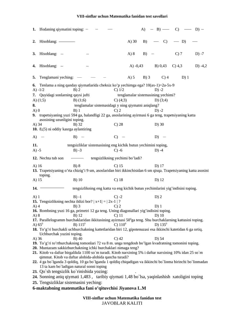 VIII-sinflar uchun Matematika fanidan test savollari