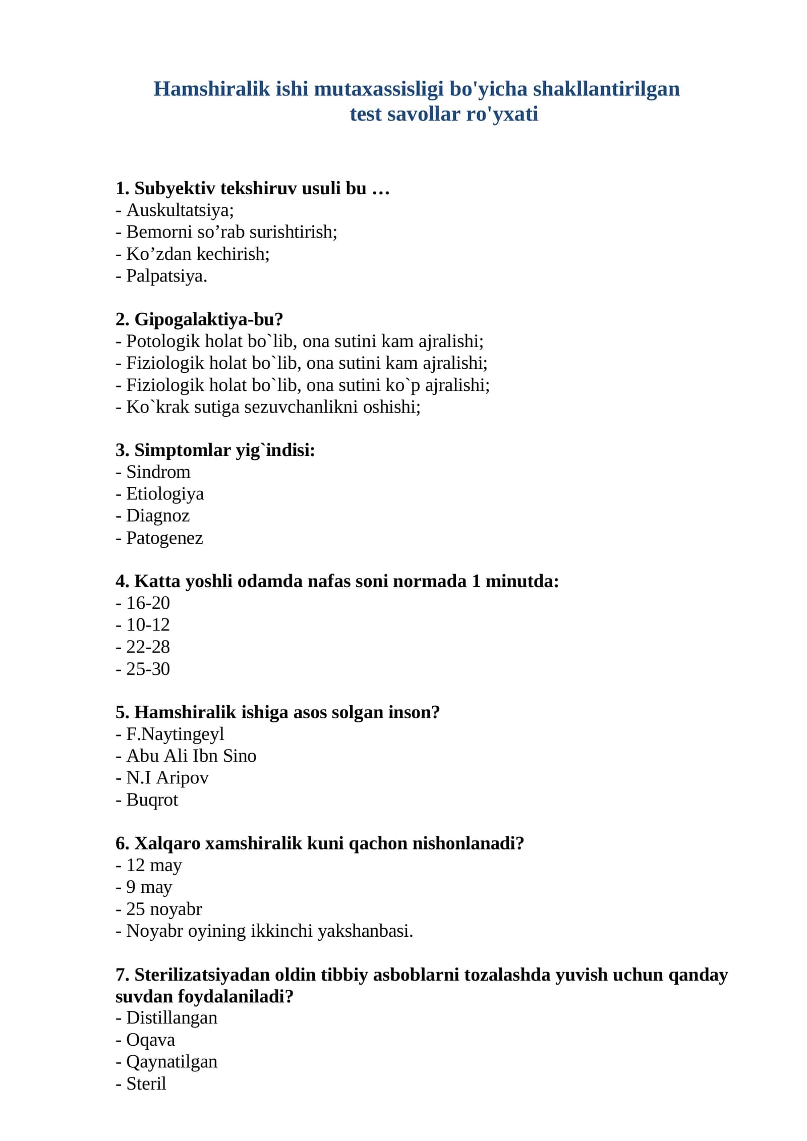 HAMSHIRALIK ISHI TEST SAVOLLAR RO'YXATI