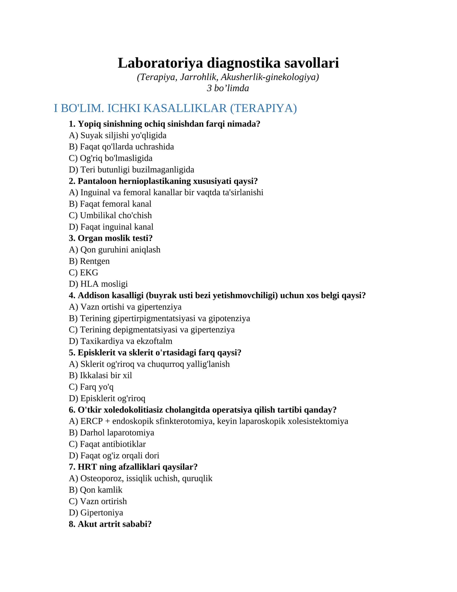 Laboratoriya diagnostika savollari