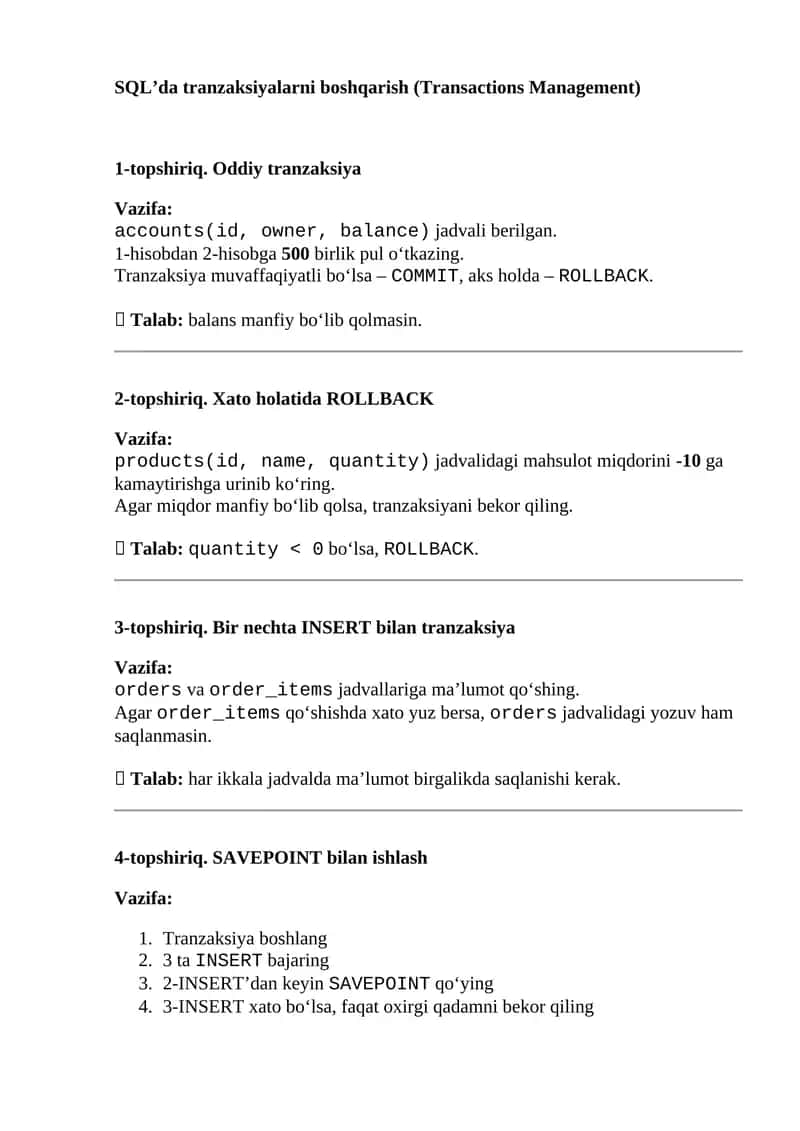 SQL’da tranzaksiyalarni boshqarish (Transactions Management)