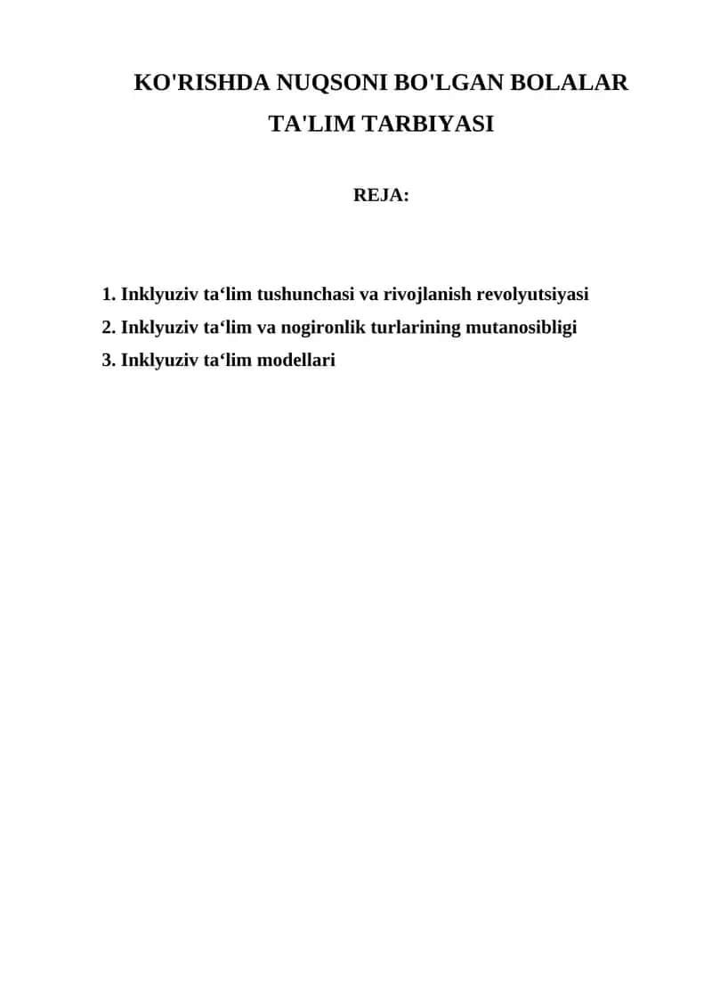 KO'RISHDA NUQSONI BO'LGAN BOLALAR TA'LIM TARBIYASI