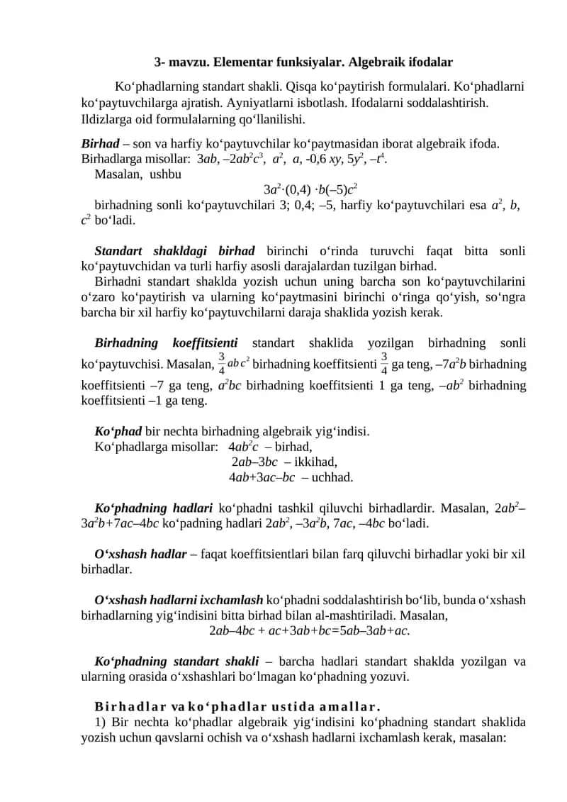 Elementar funksiyalar. Algebraik ifodalar