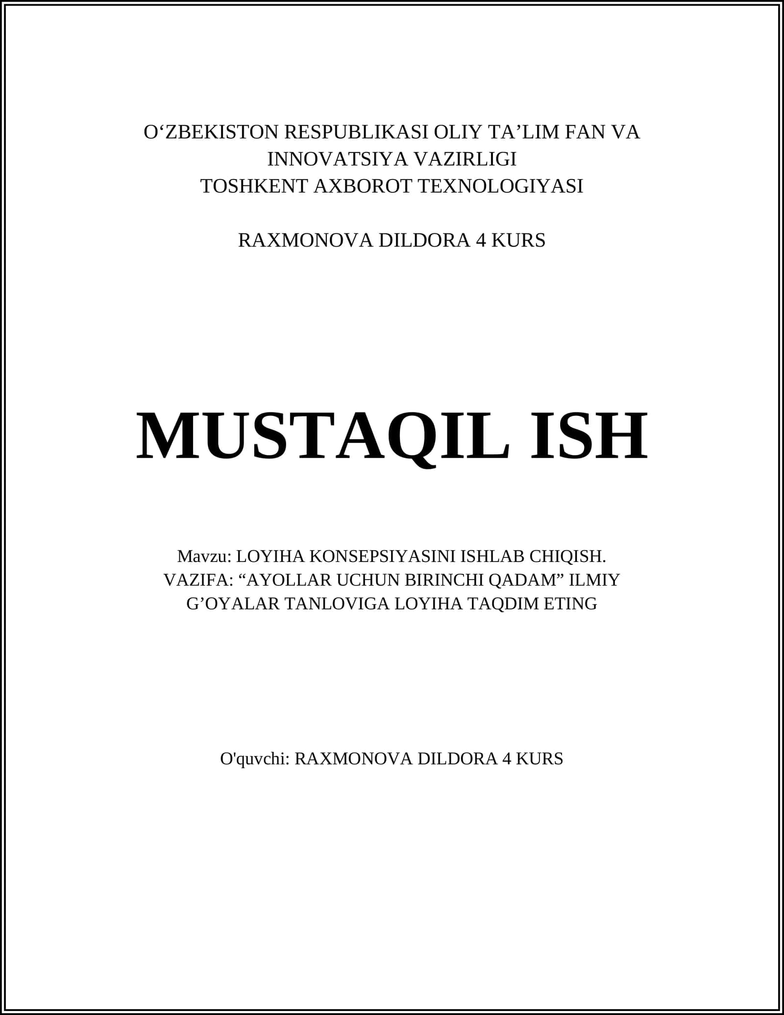 LOYIHA KONSEPSIYASINI ISHLAB CHIQISH