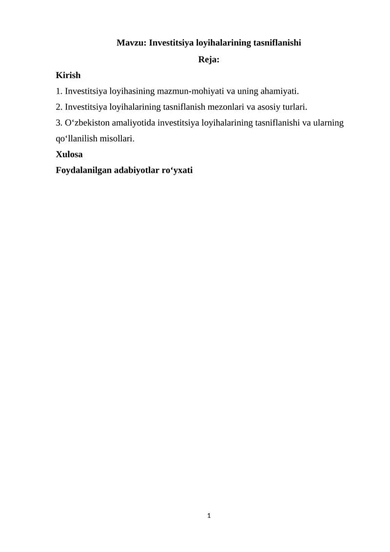 Investitsiya loyihalarining tasniflanishi