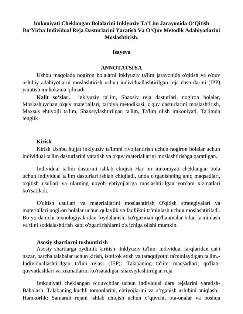 Imkoniyati Cheklangan Bolalarini Inklyuziv Ta’Lim Jarayonida O‘Qitish Bo‘Yicha Individual Reja Dasturlarini Yaratish Va O‘Quv Metodik Adabiyotlarini