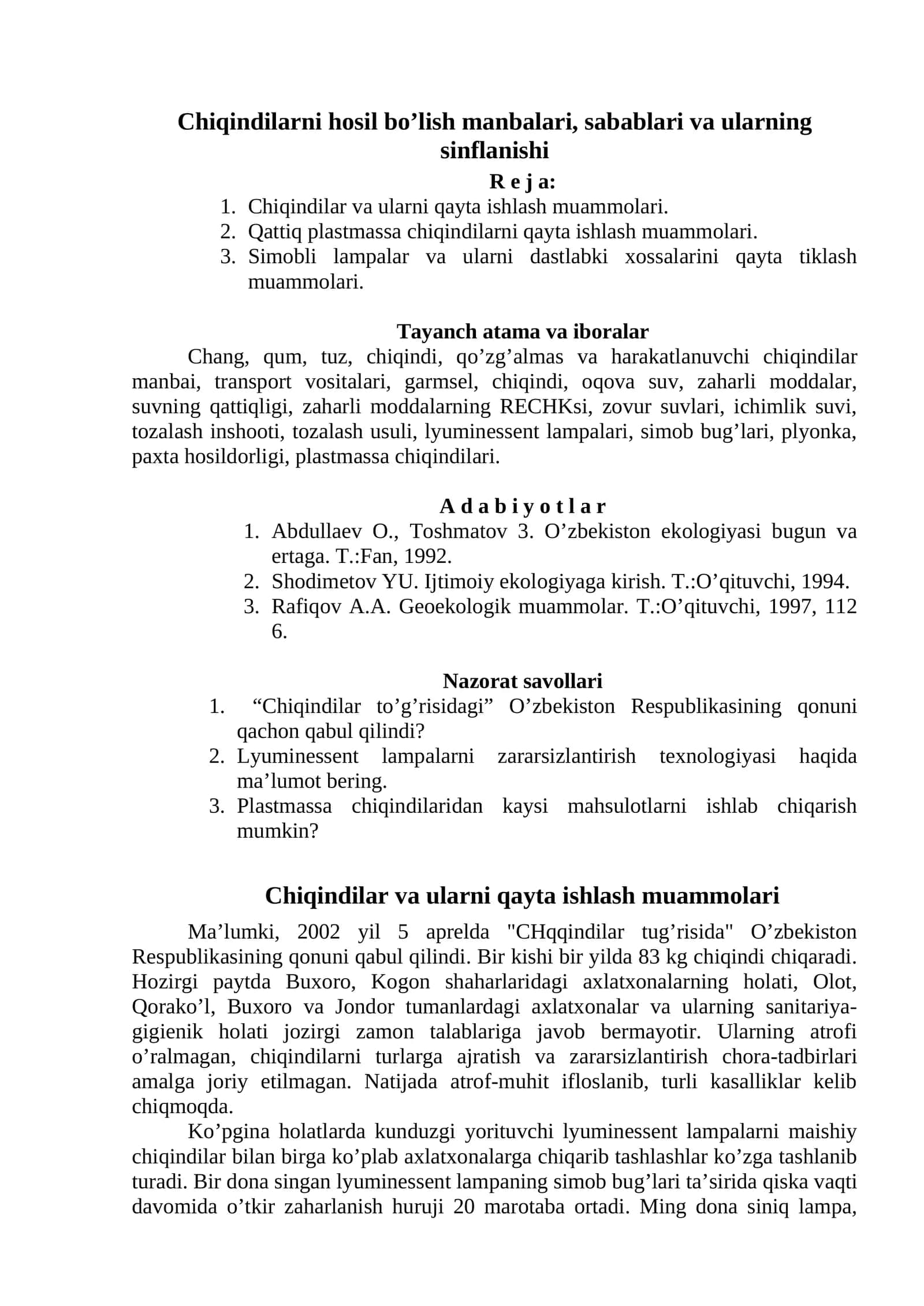 Chiqindilarni hosil bo’lish manbalari, sabablari va ularning sinflanishi