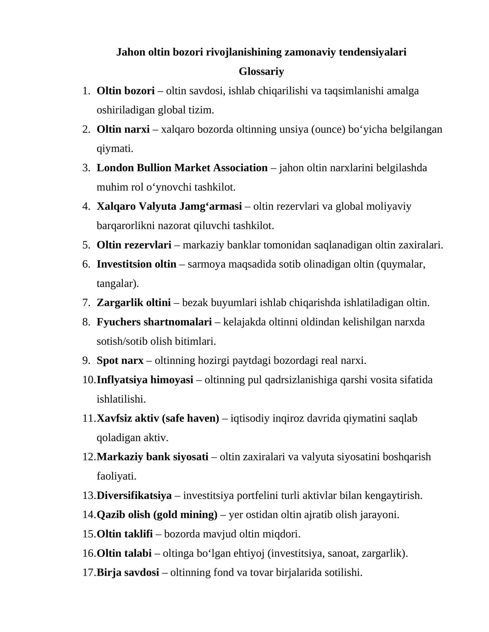 Jahon oltin bozori rivojlanishining zamonaviy tendensiyalari