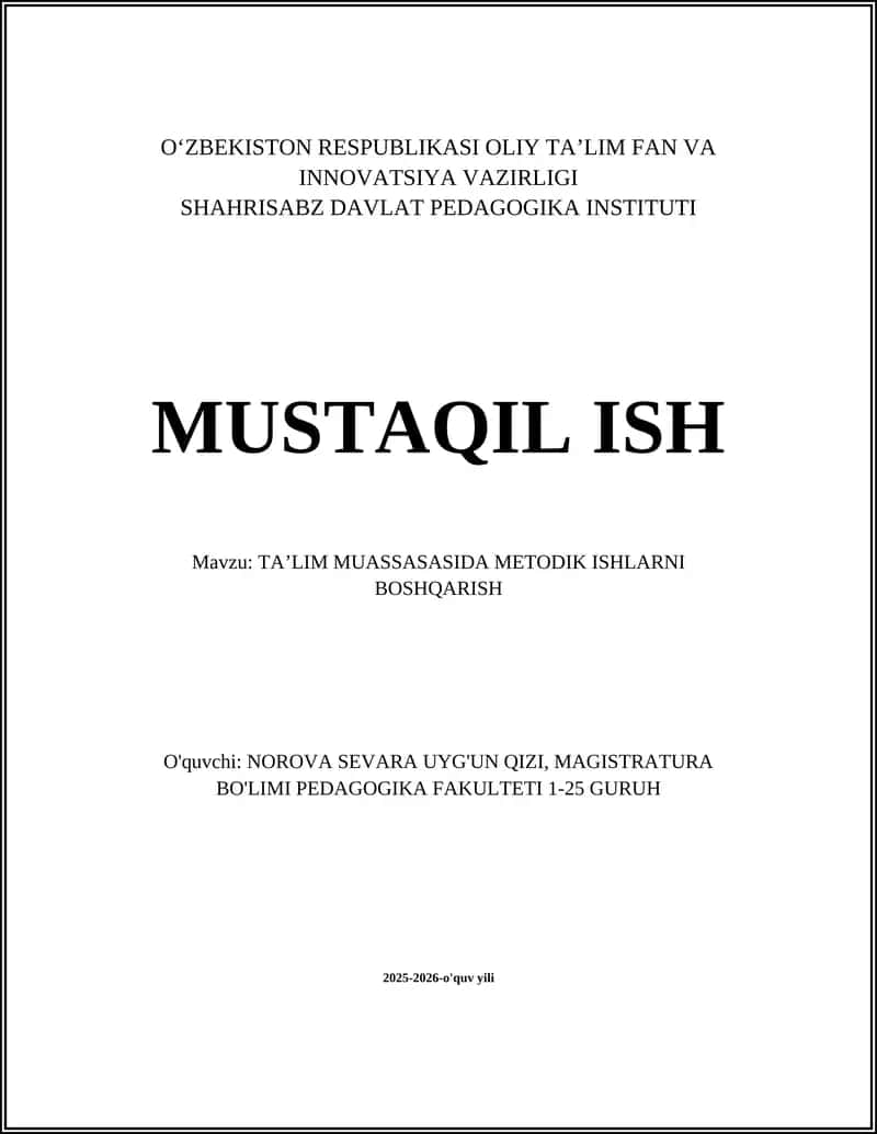 TA’LIM MUASSASASIDA METODIK ISHLARNI BOSHQARISH