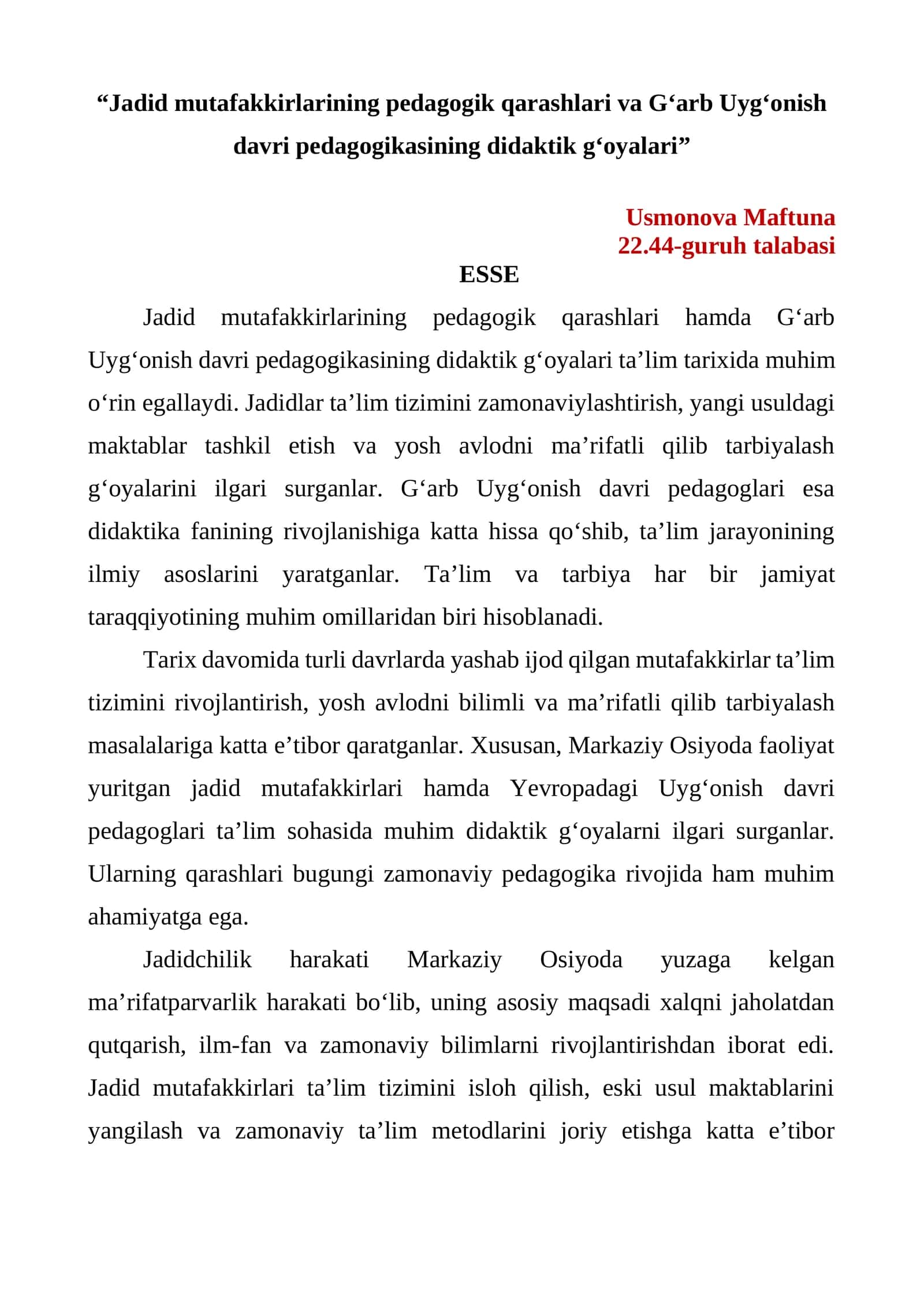Jadid mutafakkirlarining pedagogik qarashlari va G‘arb Uyg‘onish davri pedagogikasining didaktik g‘oyalari