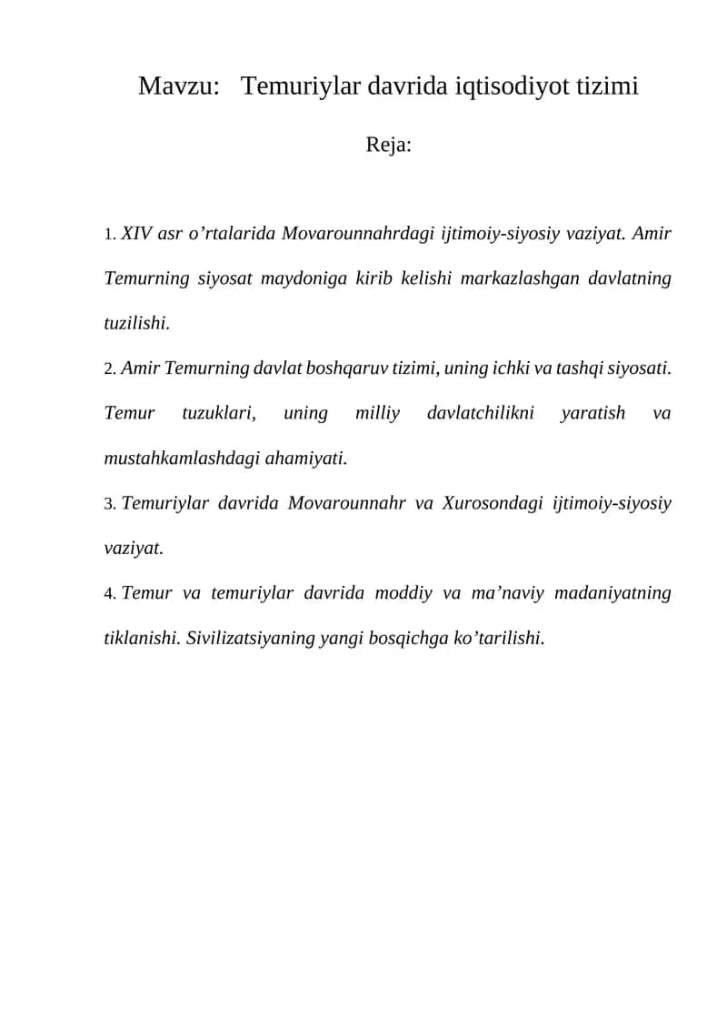 Temuriylar davrida iqtisodiyot tizimi