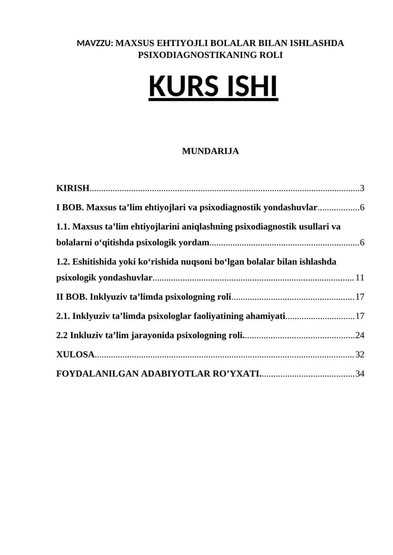 MAXSUS EHTIYOJLI BOLALAR BILAN ISHLASHDA PSIXODIAGNOSTIKANING ROLI