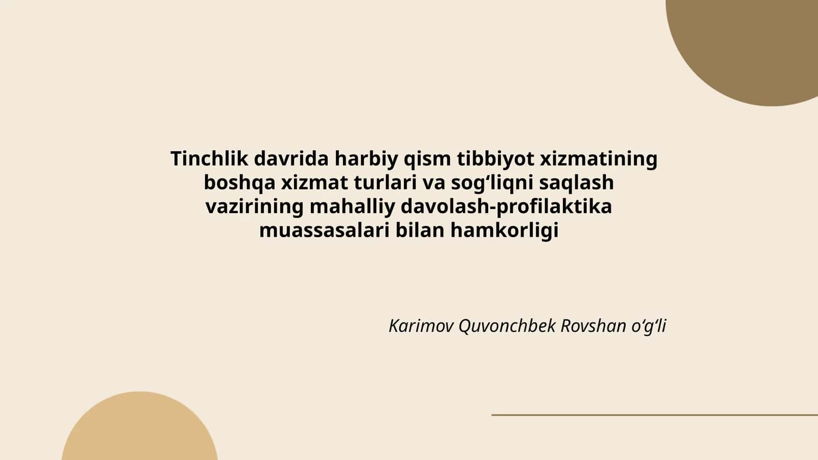 Tinchlik davrida harbiy qism tibbiyot xizmatining boshqa xizmat turlari va sogʻliqni saqlash vazirining mahalliy davolash-profilaktika muassasalari bilan hamkorligi