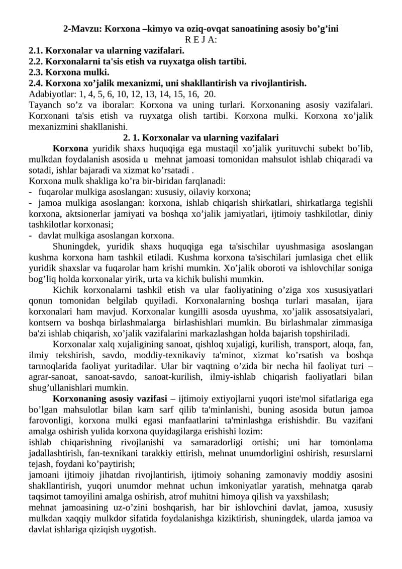 Korxona –kimyo va oziq-ovqat sanoatining asosiy bo’g’ini