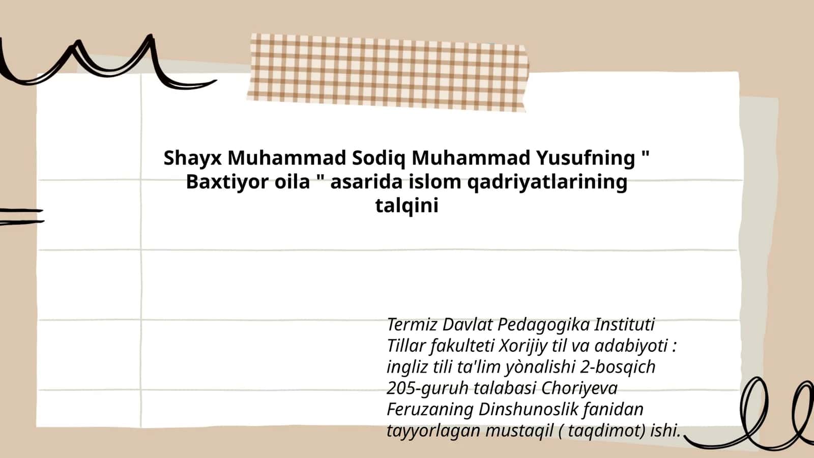 Shayx Muhammad Sodiq Muhammad Yusufning " Baxtiyor oila " asarida islom qadriyatlarining talqini