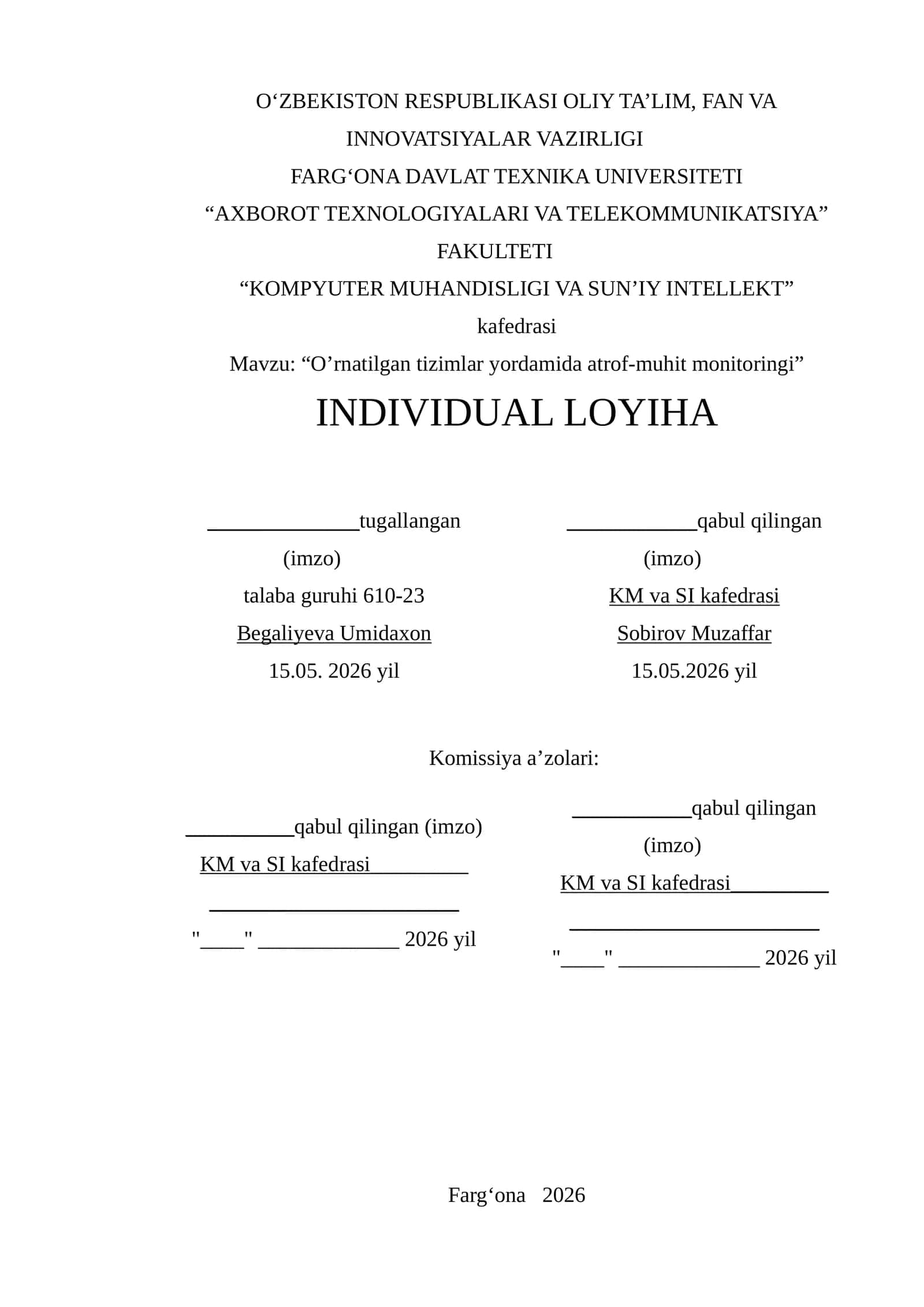 “O’rnatilgan tizimlar yordamida atrof-muhit monitoringi”