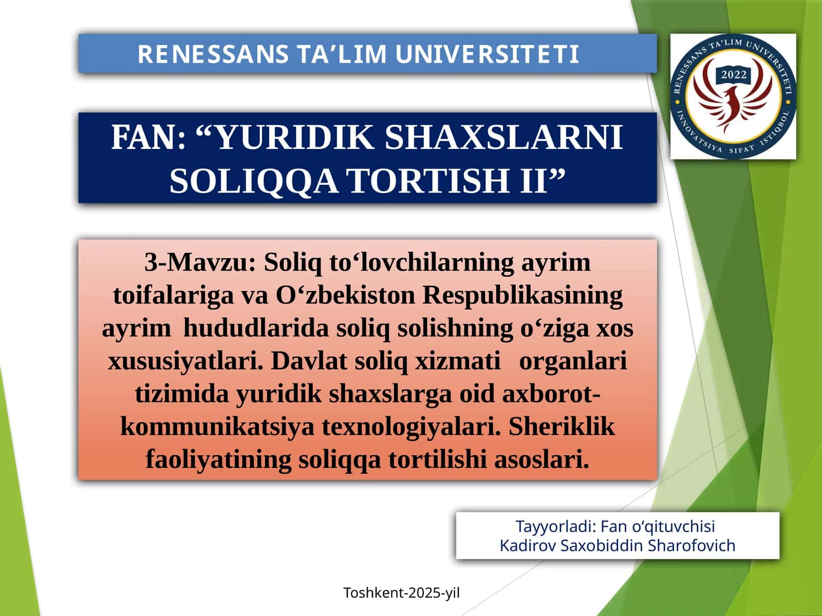 SOLIQ TOʻLOVCHILARNING AYRIM TOIFALARIGA SOLIQ SOLISHNING OʻZIGA XOS XUSUSIYATLARI