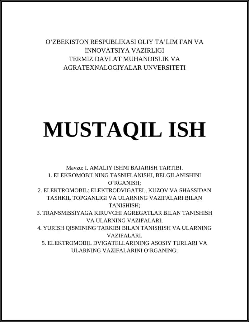 I. AMALIY ISHNI BAJARISH TARTIBI