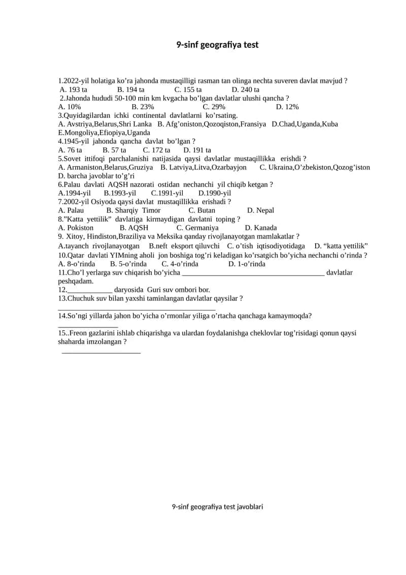 9-sinf geografiya test