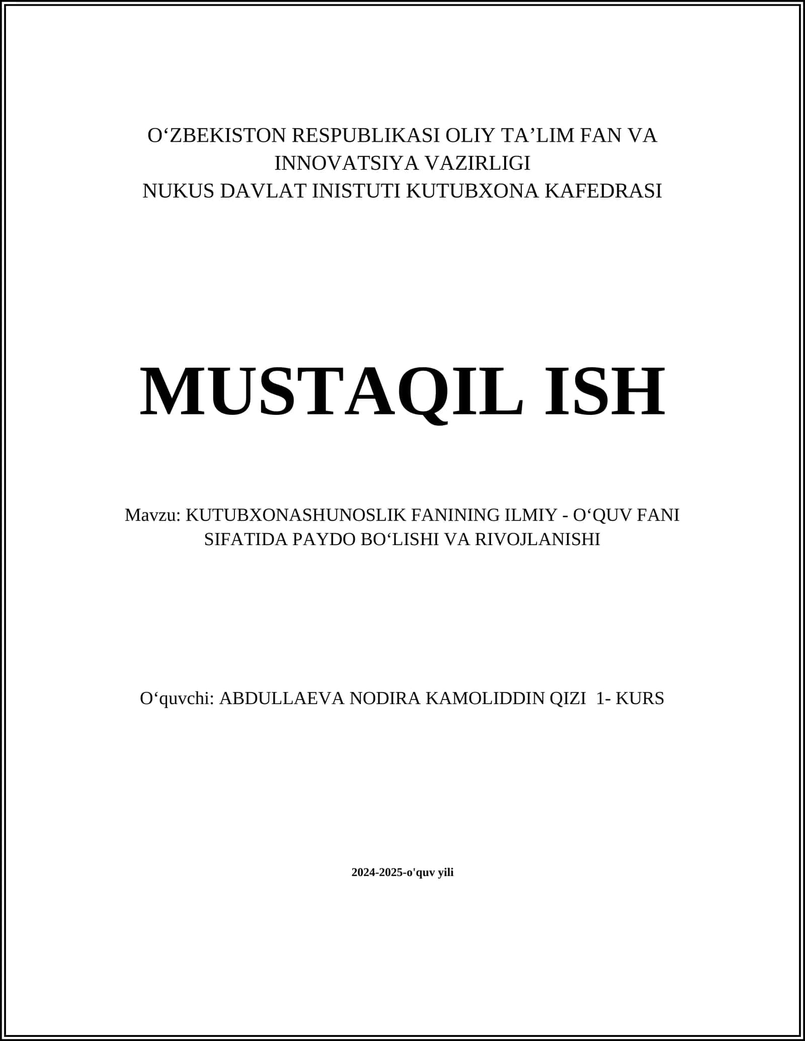 Kutubxonashunoslik Fani