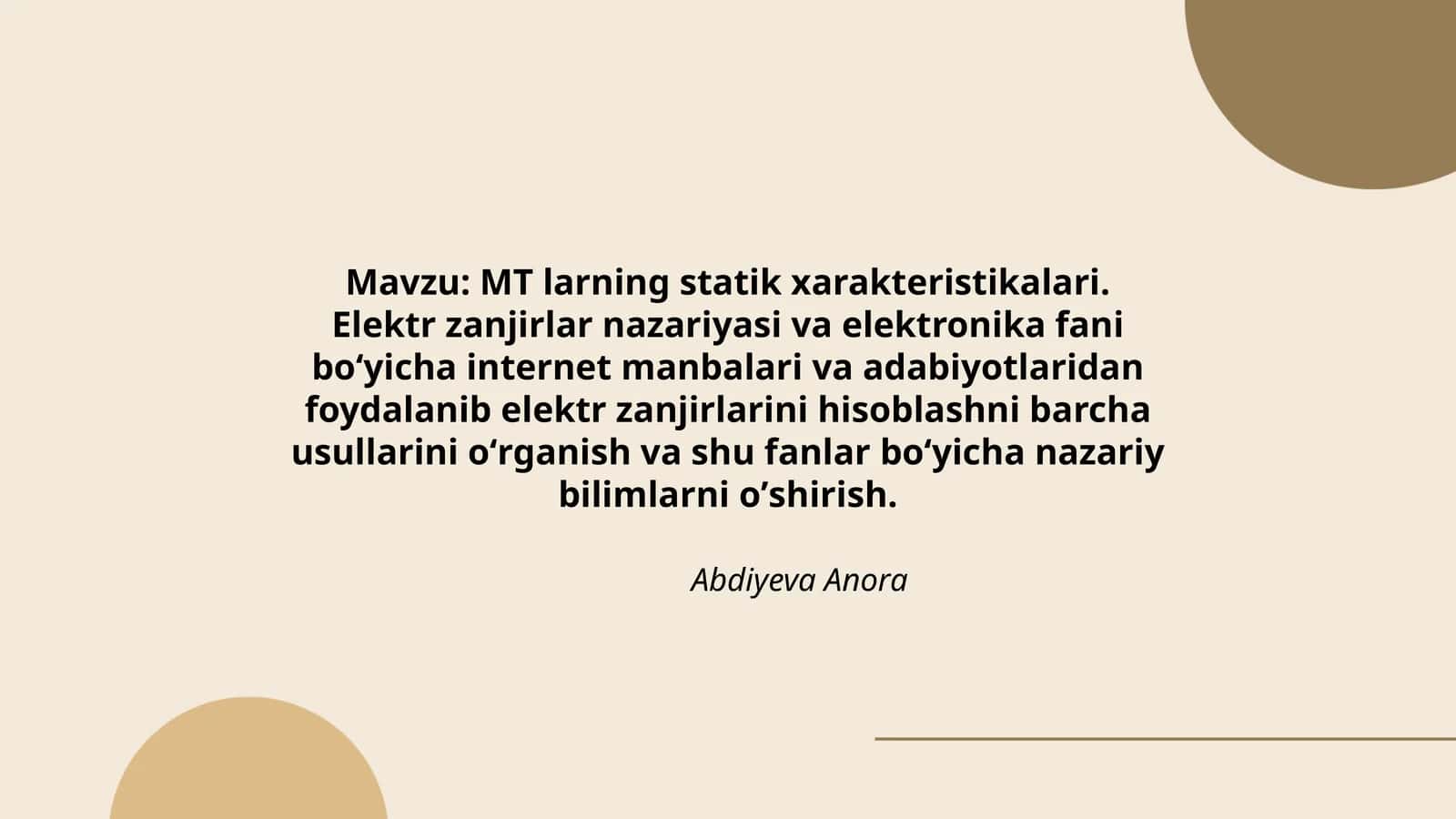 MT larning statik xarakteristikalari
