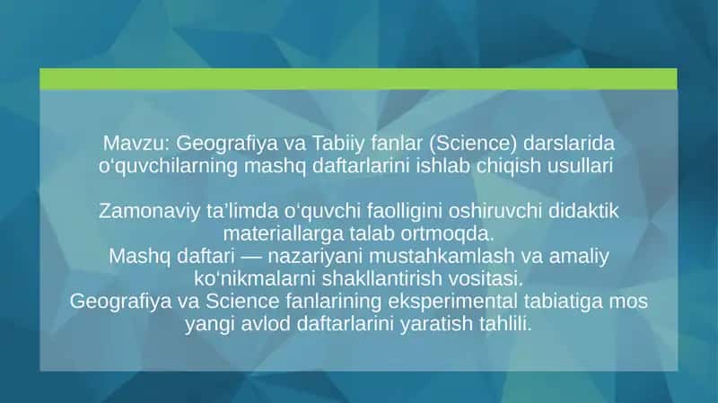 Geografiya va Tabiiy fanlar (Science) darslarida o‘quvchilarning mashq daftarlarini ishlab chiqish usullari