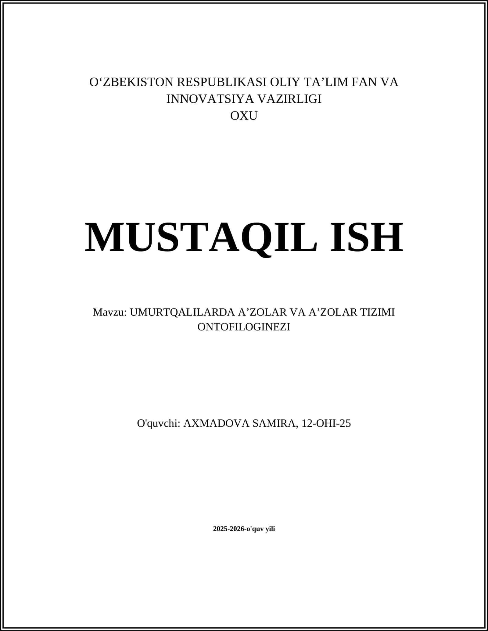 UMURTQALILARDA AʼZOLAR VA AʼZOLAR TIZIMI ONTOFILOGINEZI