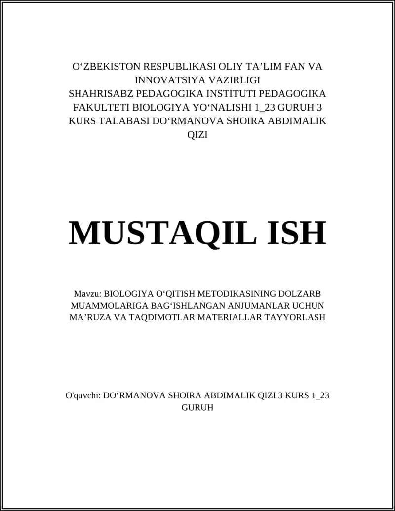 BIOLOGIYA OʻQITISH METODIKASINING DOLZARB MUAMMOLARIGA BAGʻISHLANGAN ANJUMANLAR UCHUN MAʼRUZA VA TAQDIMOTLAR MATERIALLAR TAYYORLASH