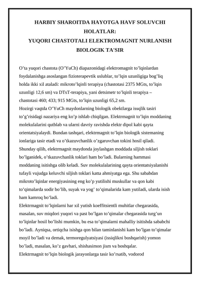 HARBIY SHAROITDA HAYOTGA HAVF SOLUVCHI HOLATLAR: YUQORI CHASTOTALI ELEKTROMAGNIT NURLANISH BIOLOGIK TA'SIR