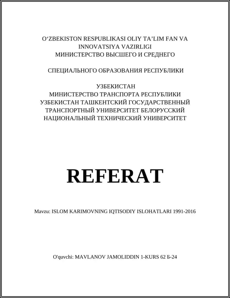 ISLOM KARIMOVNING IQTISODIY ISLOHATLARI 1991-2016