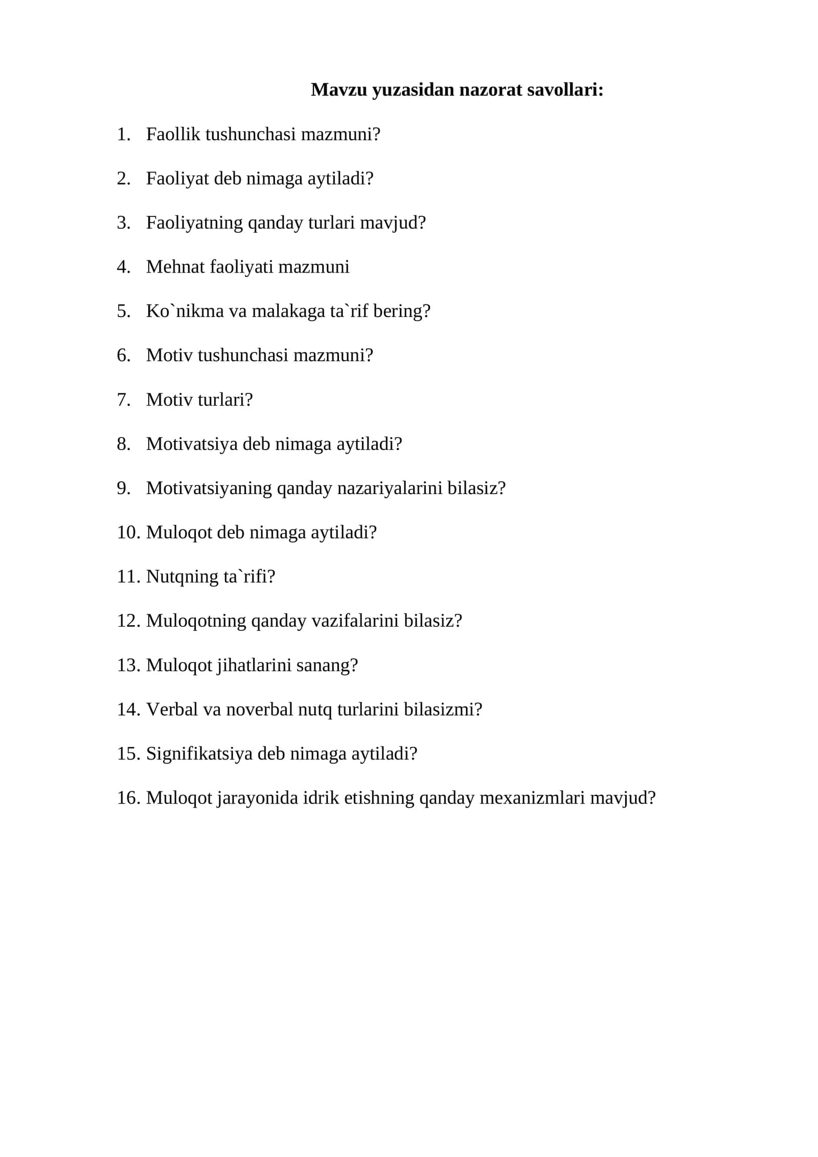 Mavzu yuzasidan nazorat savollari