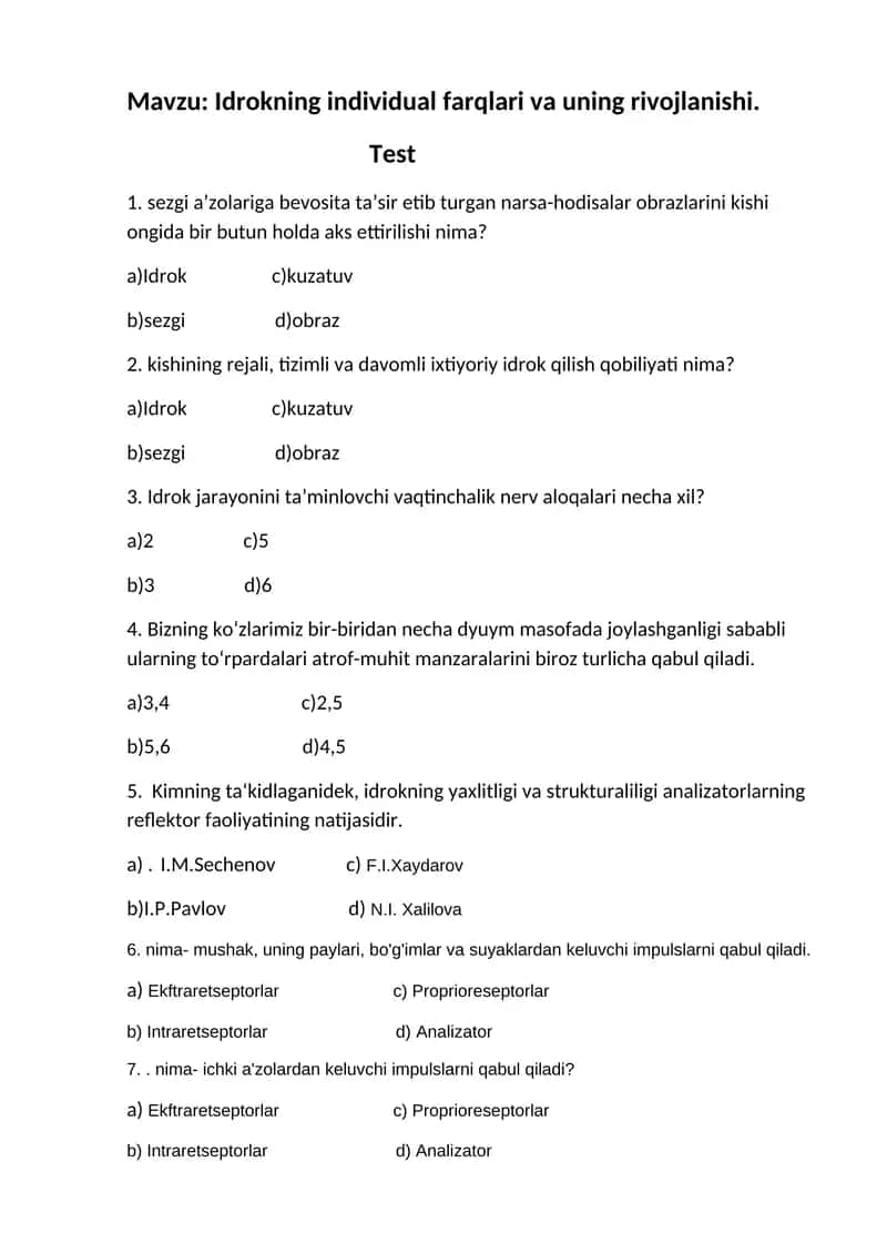 Idrokning individual farqlari va uning rivojlanishi
